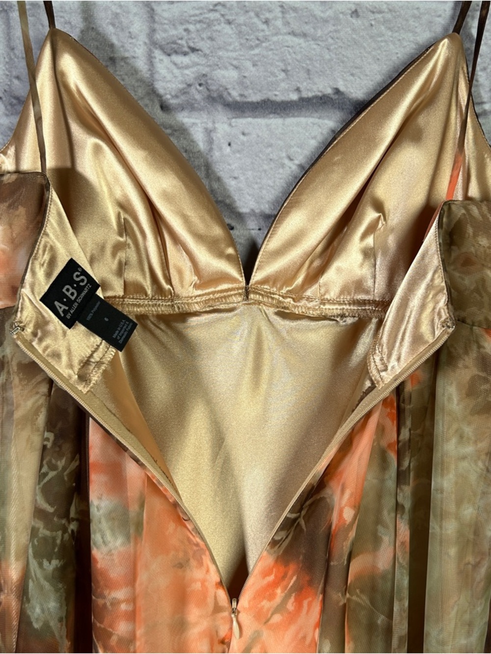 ABS Allen Schwartz‎ Olive & Coral Asymmetrical Slip Dress w/Gold Trim Sz 6 A801 - Picture 4 of 8